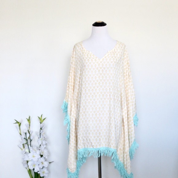 NEW! RAGA Boho Swim Cover Up Tassels Yellow Blue SZ L - Picture 1 of 6